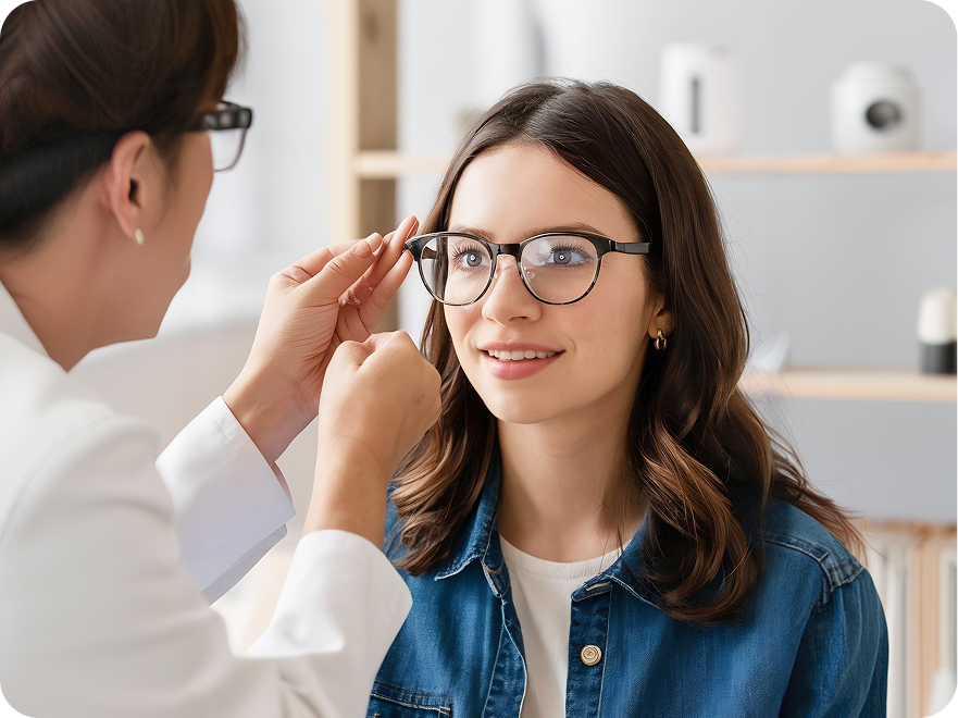 Optometrist carefully adjusting patient's new rimless glasses during an eye test appointment.