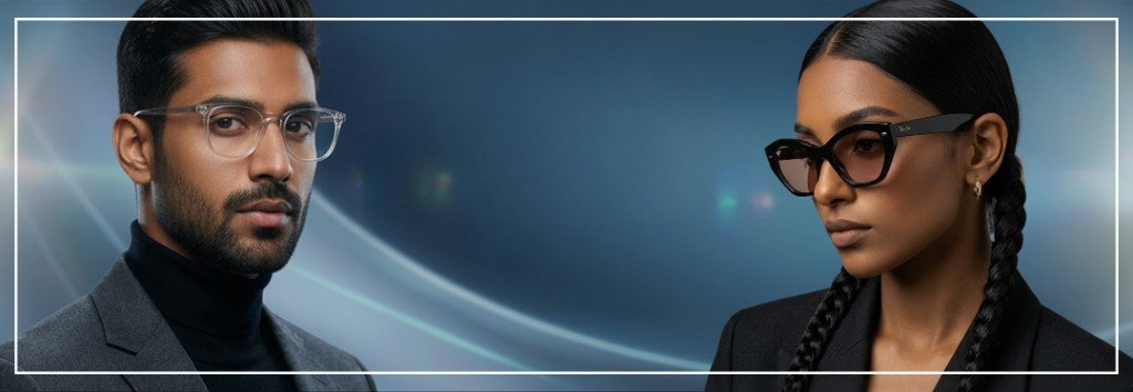 Male and female models wearing optical eyewear in a prescription upload banner.
